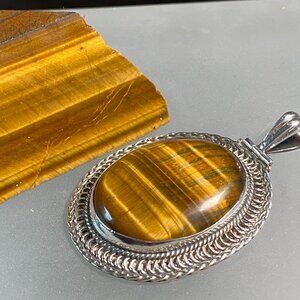 Pendant Tiger's Eye Cabochon, Sterling Silver .925, One-of-a-Kind. Free Ship!